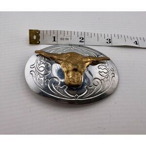 Vintage Chambers Western Belt Buckle Long Horn With Silver Base‎